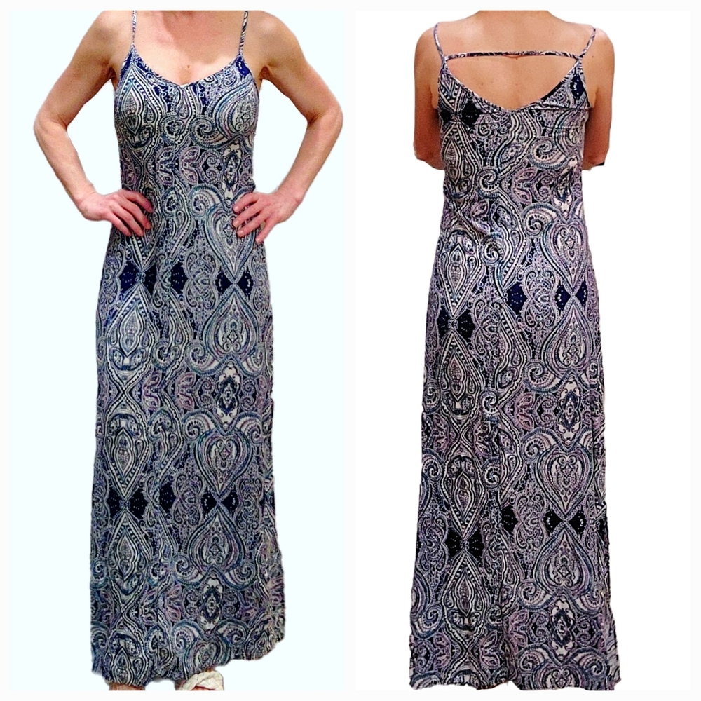 Boho Paisley Blue and White Maxi Dress with side Slits Size Small
